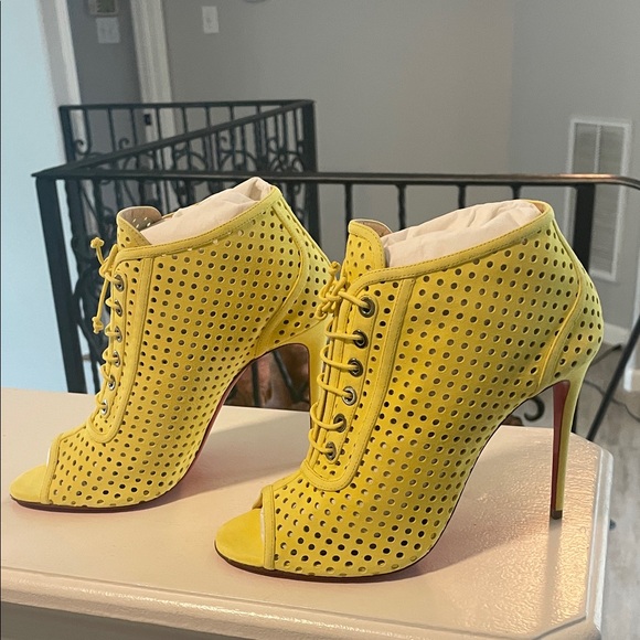 Christian Louboutin Yellow Perforated Lace-Up Peep-Toe Stiletto Booties - Picture 3 of 8